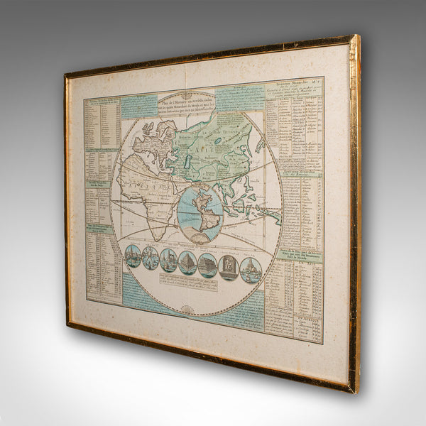 Antique Plan de l'Historie Universelle World Map, Framed Cartography, Circa 1730