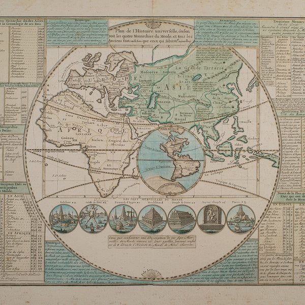 Antique Plan de l'Historie Universelle World Map, Framed Cartography, Circa 1730