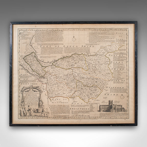 Antique Chester County Map, English, Cheshire, Framed Cartography, Georgian