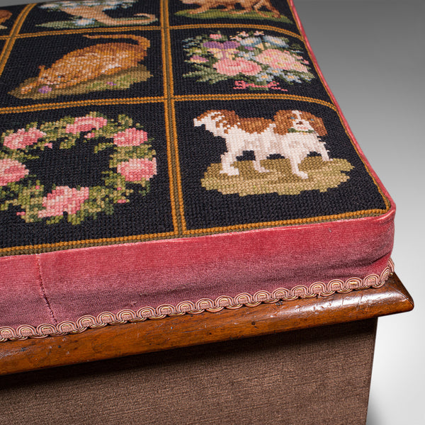 Antique Ottoman Footstool, English, Needlepoint, Dressing Stool, Victorian, 1860