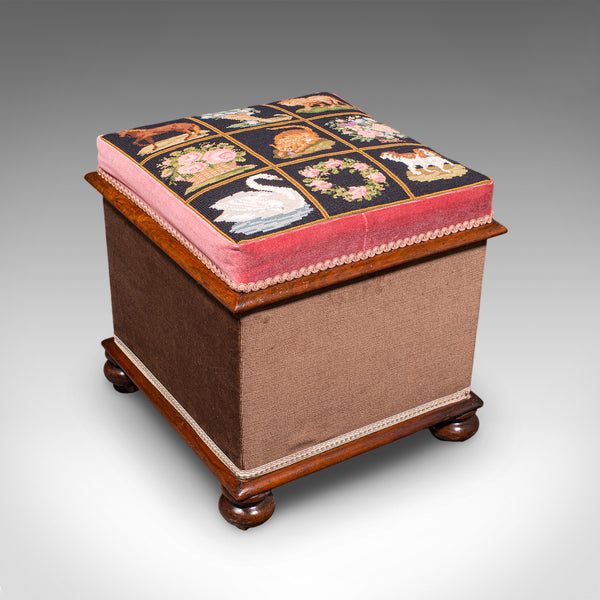 Antique Ottoman Footstool, English, Needlepoint, Dressing Stool, Victorian, 1860