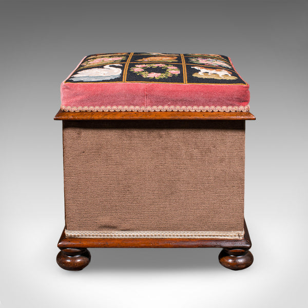 Antique Ottoman Footstool, English, Needlepoint, Dressing Stool, Victorian, 1860