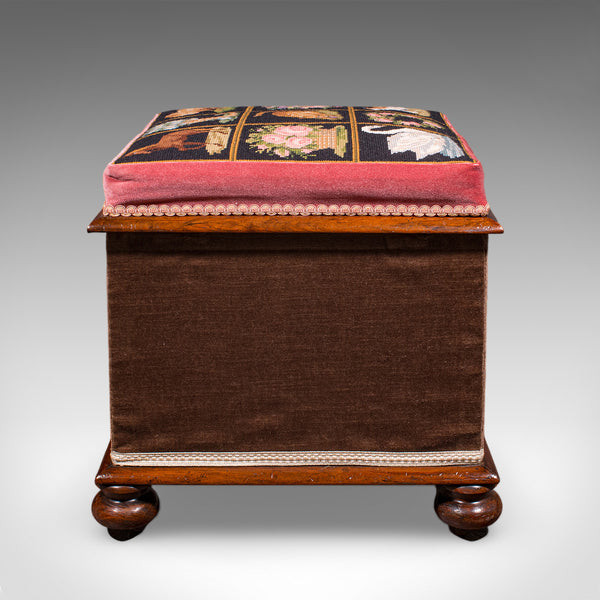 Antique Ottoman Footstool, English, Needlepoint, Dressing Stool, Victorian, 1860