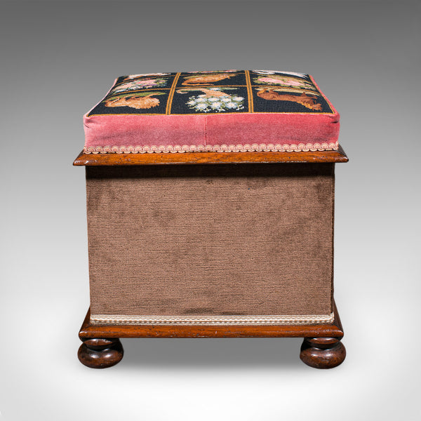 Antique Ottoman Footstool, English, Needlepoint, Dressing Stool, Victorian, 1860