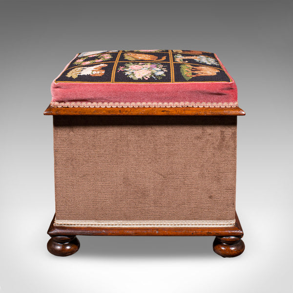 Antique Ottoman Footstool, English, Needlepoint, Dressing Stool, Victorian, 1860