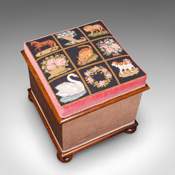 Antique Ottoman Footstool, English, Needlepoint, Dressing Stool, Victorian, 1860