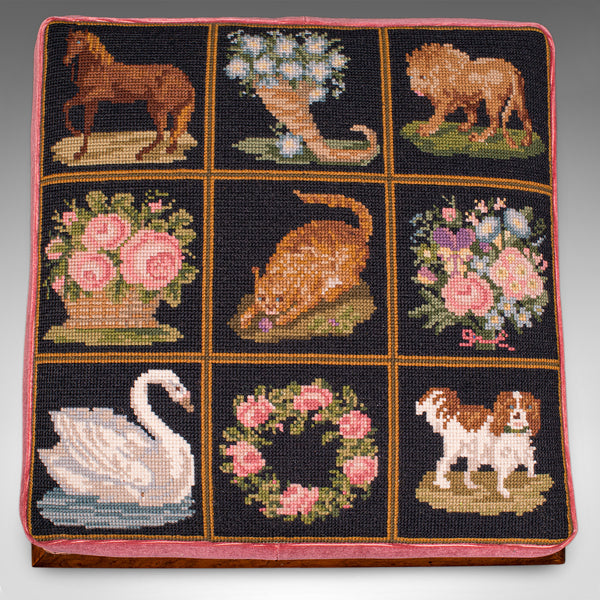 Antique Ottoman Footstool, English, Needlepoint, Dressing Stool, Victorian, 1860