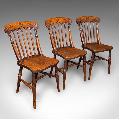 Trio of Antique Station Chairs, English Elm, Reception Hall Side Seat, Victorian