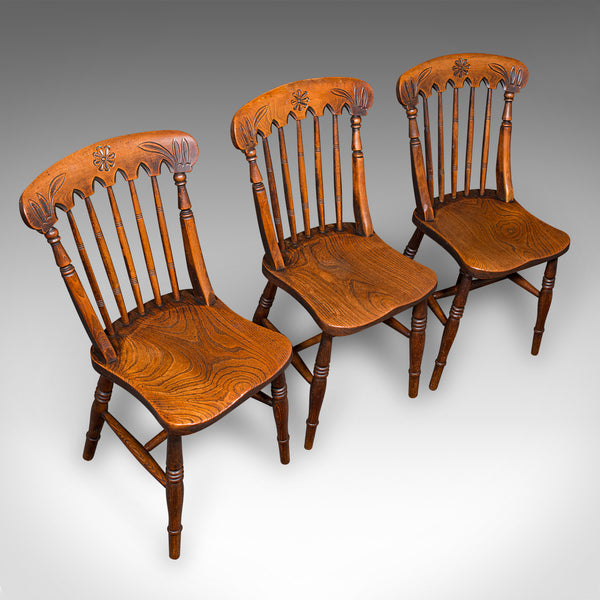 Trio of Antique Station Chairs, English Elm, Reception Hall Side Seat, Victorian