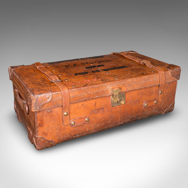 Large Antique Trunk Case, English, Leather, Suitcase, Shop Display, Edwardian