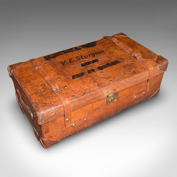 Large Antique Trunk Case, English, Leather, Suitcase, Shop Display, Edwardian