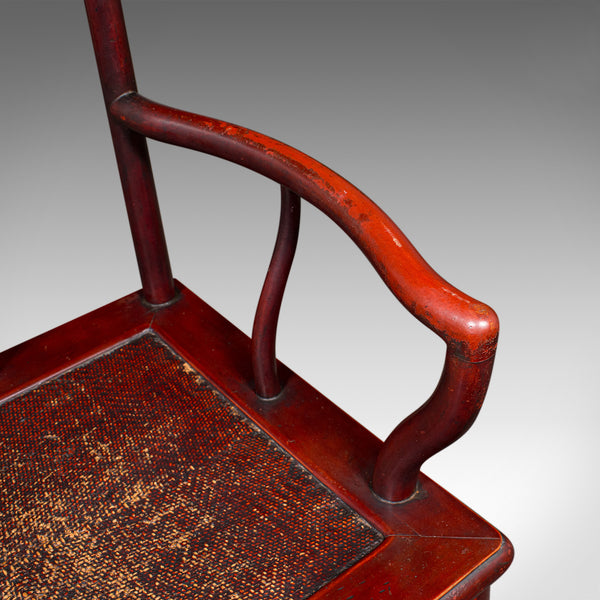 Pair Of Antique Side Chairs, Oriental, Lacquered, Elbow Seats, Cane, Victorian