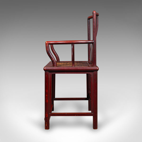 Pair Of Antique Side Chairs, Oriental, Lacquered, Elbow Seats, Cane, Victorian