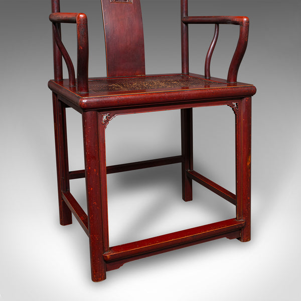 Pair Of Antique Side Chairs, Oriental, Lacquered, Elbow Seats, Cane, Victorian