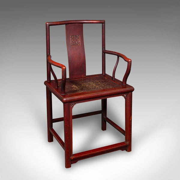 Pair Of Antique Side Chairs, Oriental, Lacquered, Elbow Seats, Cane, Victorian