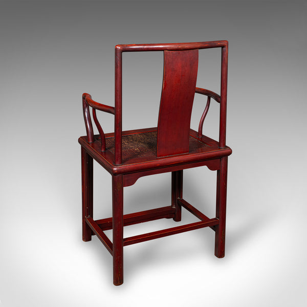 Pair Of Antique Side Chairs, Oriental, Lacquered, Elbow Seats, Cane, Victorian