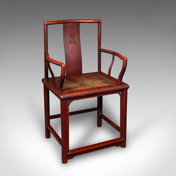 Pair Of Antique Side Chairs, Oriental, Lacquered, Elbow Seats, Cane, Victorian