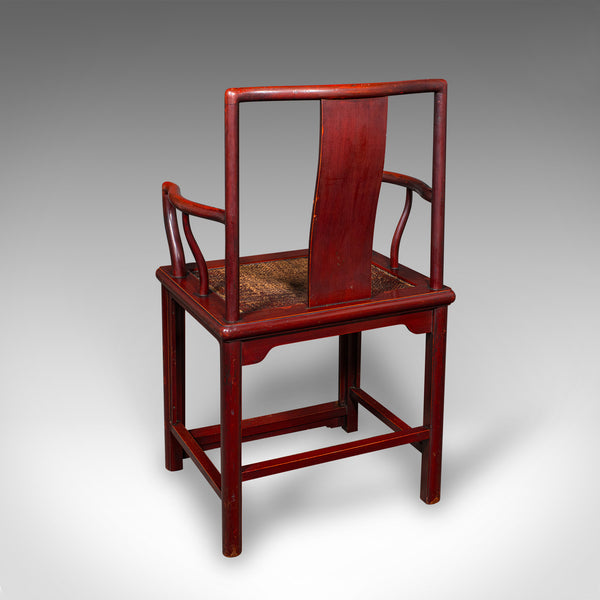 Pair Of Antique Side Chairs, Oriental, Lacquered, Elbow Seats, Cane, Victorian