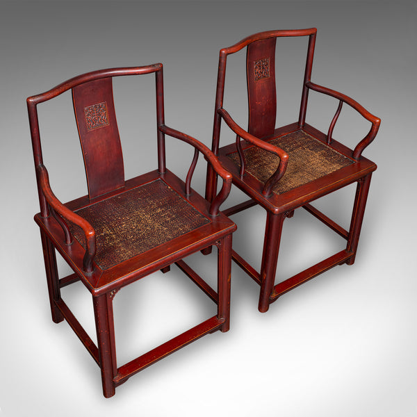 Pair Of Antique Side Chairs, Oriental, Lacquered, Elbow Seats, Cane, Victorian
