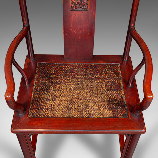 Pair Of Antique Side Chairs, Oriental, Lacquered, Elbow Seats, Cane, Victorian