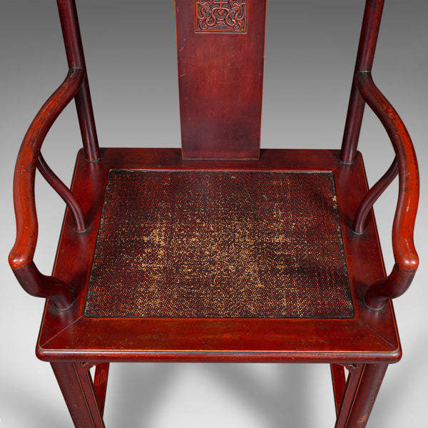 Pair Of Antique Side Chairs, Oriental, Lacquered, Elbow Seats, Cane, Victorian