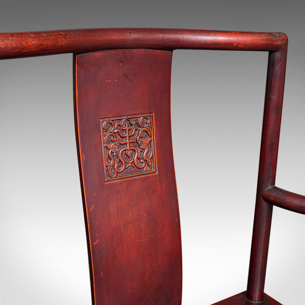 Pair Of Antique Side Chairs, Oriental, Lacquered, Elbow Seats, Cane, Victorian