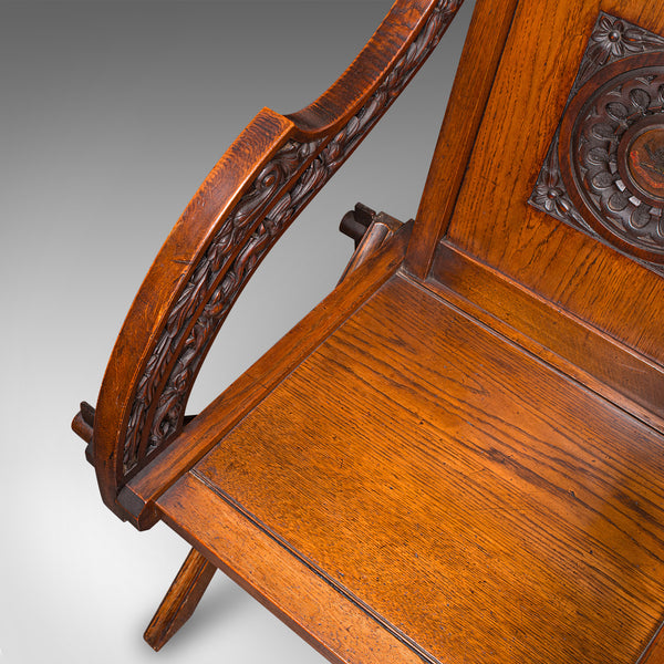 Antique Glastonbury Chair, English, Oak, Elbow Seat, Gothic Revival, Victorian