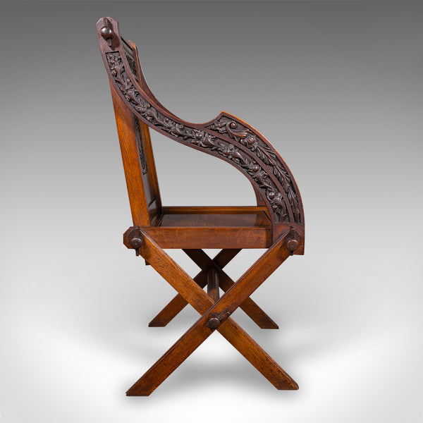 Antique Glastonbury Chair, English, Oak, Elbow Seat, Gothic Revival, Victorian