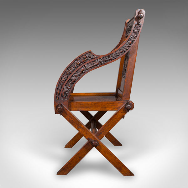 Antique Glastonbury Chair, English, Oak, Elbow Seat, Gothic Revival, Victorian