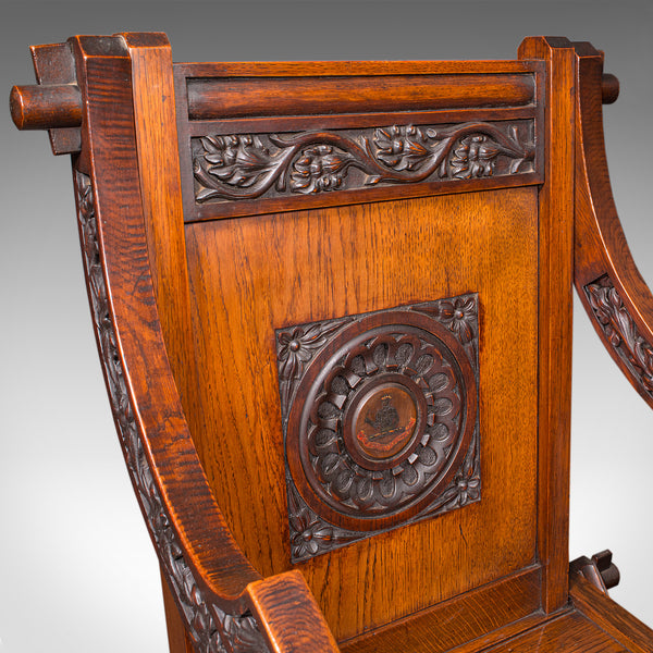 Antique Glastonbury Chair, English, Oak, Elbow Seat, Gothic Revival, Victorian