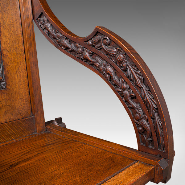 Antique Glastonbury Chair, English, Oak, Elbow Seat, Gothic Revival, Victorian