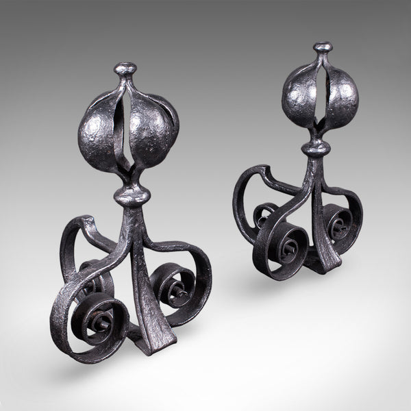 Pair of Antique Fireplace Andirons, French, Country House Hearth, Art Nouveau