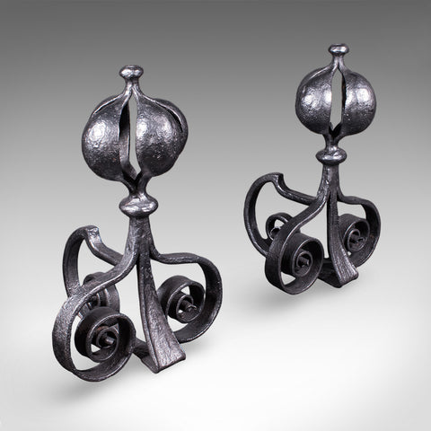 Pair of Antique Fireplace Andirons, French, Country House Hearth, Art Nouveau