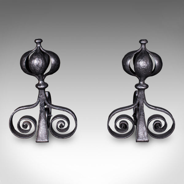 Pair of Antique Fireplace Andirons, French, Country House Hearth, Art Nouveau