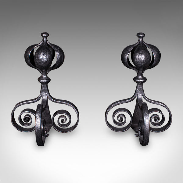 Pair of Antique Fireplace Andirons, French, Country House Hearth, Art Nouveau