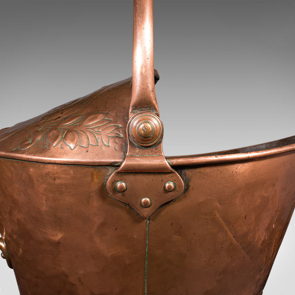 Antique Fireplace Coal Scuttle, English Copper, Basket, Art Nouveau, Victorian