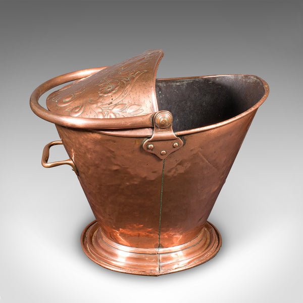 Antique Fireplace Coal Scuttle, English Copper, Basket, Art Nouveau, Victorian