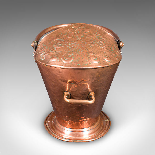 Antique Fireplace Coal Scuttle, English Copper, Basket, Art Nouveau, Victorian