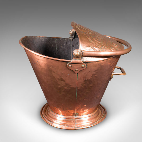 Antique Fireplace Coal Scuttle, English Copper, Basket, Art Nouveau, Victorian