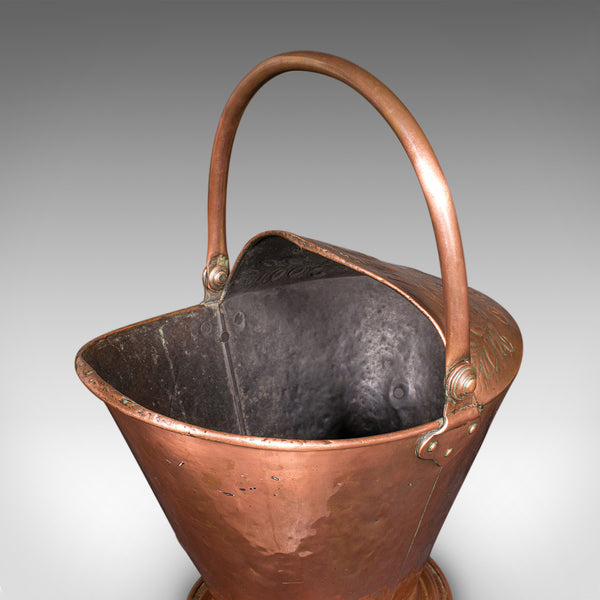 Antique Fireplace Coal Scuttle, English Copper, Basket, Art Nouveau, Victorian