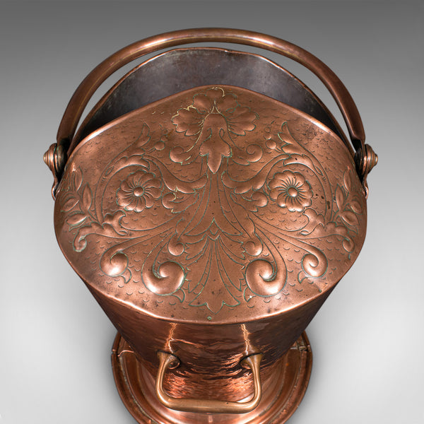 Antique Fireplace Coal Scuttle, English Copper, Basket, Art Nouveau, Victorian