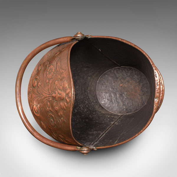 Antique Fireplace Coal Scuttle, English Copper, Basket, Art Nouveau, Victorian