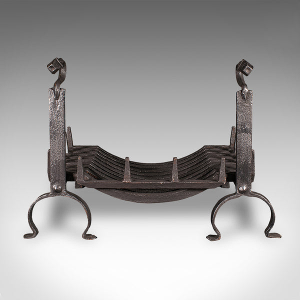 Antique Fireplace Set, English, Wrought Iron, Fire Basket, Andirons, Victorian