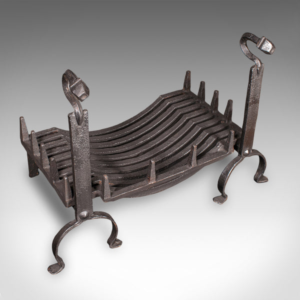 Antique Fireplace Set, English, Wrought Iron, Fire Basket, Andirons, Victorian