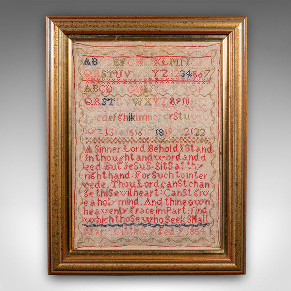 Antique Needlework Sampler, English, Framed, Embroidery Panel, Victorian, C.1854
