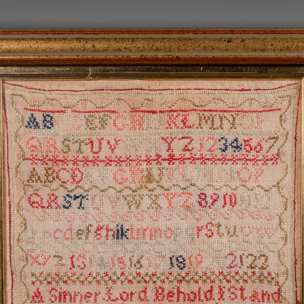 Antique Needlework Sampler, English, Framed, Embroidery Panel, Victorian, C.1854