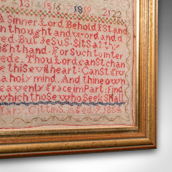 Antique Needlework Sampler, English, Framed, Embroidery Panel, Victorian, C.1854