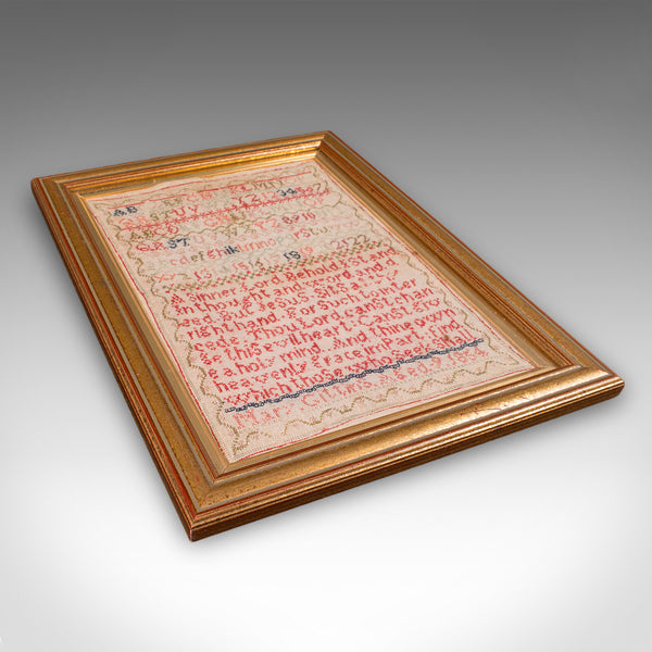 Antique Needlework Sampler, English, Framed, Embroidery Panel, Victorian, C.1854