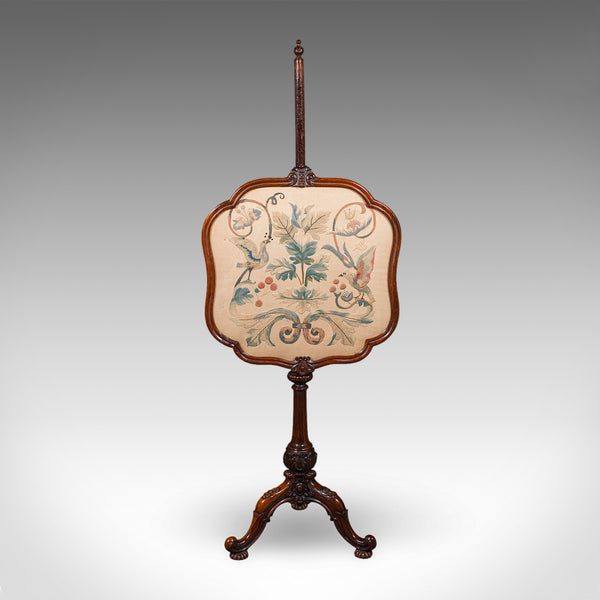 Antique Pole Screen, English, Embroidered Fire Panel, Reflector, Early Victorian