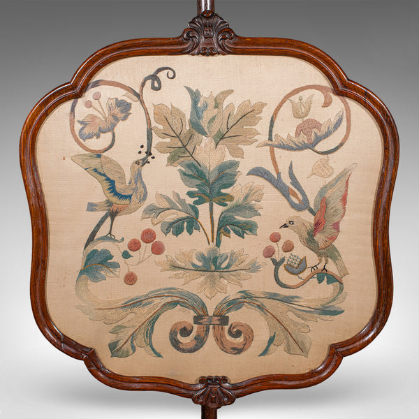 Antique Pole Screen, English, Embroidered Fire Panel, Reflector, Early Victorian